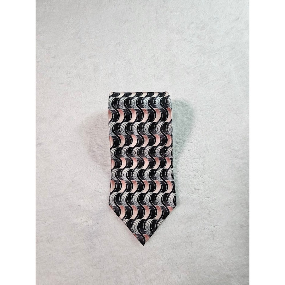 Pierre Cardin Mens Geometric Wave Silk Tie Black Silver Pink‎ 58 Inch Long